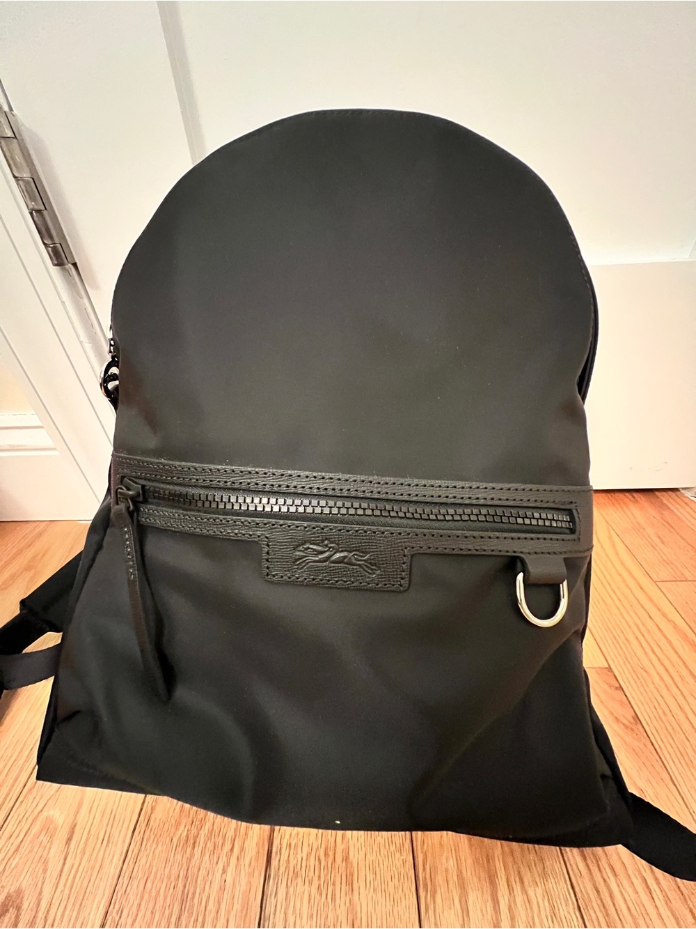 Longchamp Black Nylon Backpack with Front Zip and D-Ring Accent